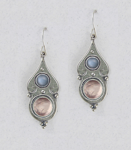 Sterling Silver Gothic Look With Rose Quartz Gemstone Drop Dangle Earrings